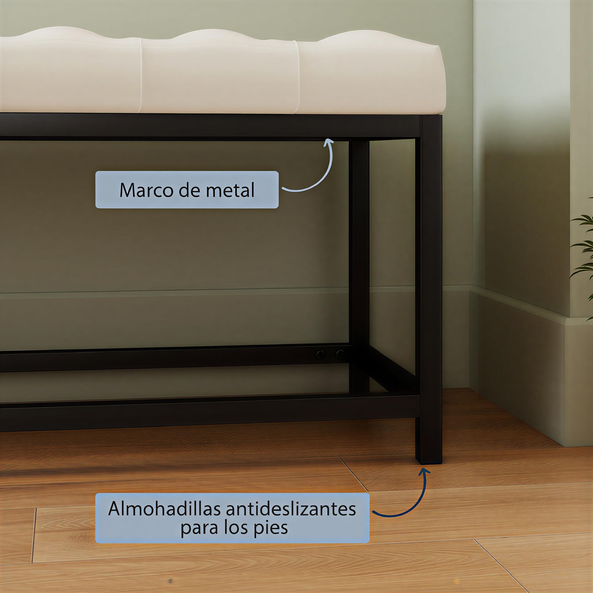 HOMCOM Banco Pie de Cama, Tapizado en Terciopelo, Banqueta para Dormitorio, Diseño Capitoné, Base de Metal, Banco para Dormitorio, Entrada, Salón, Recibidor, Crema