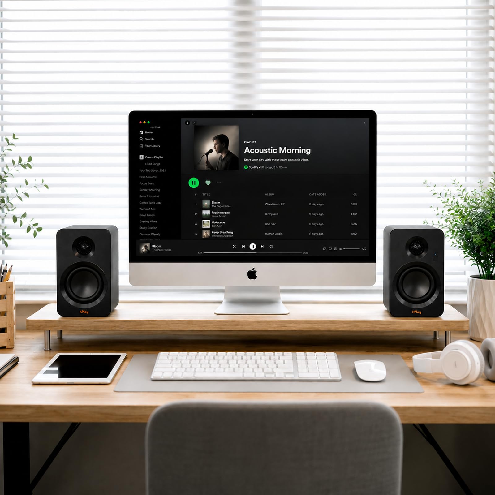 hPlay Enceintes Actives BS32B, 60W RMS, pour PC, avec Bluetooth 5.3, Connexion USB-C Plug & Play, Carte Son, Sortie subwoofer, télécommande et Design Compact – Noir