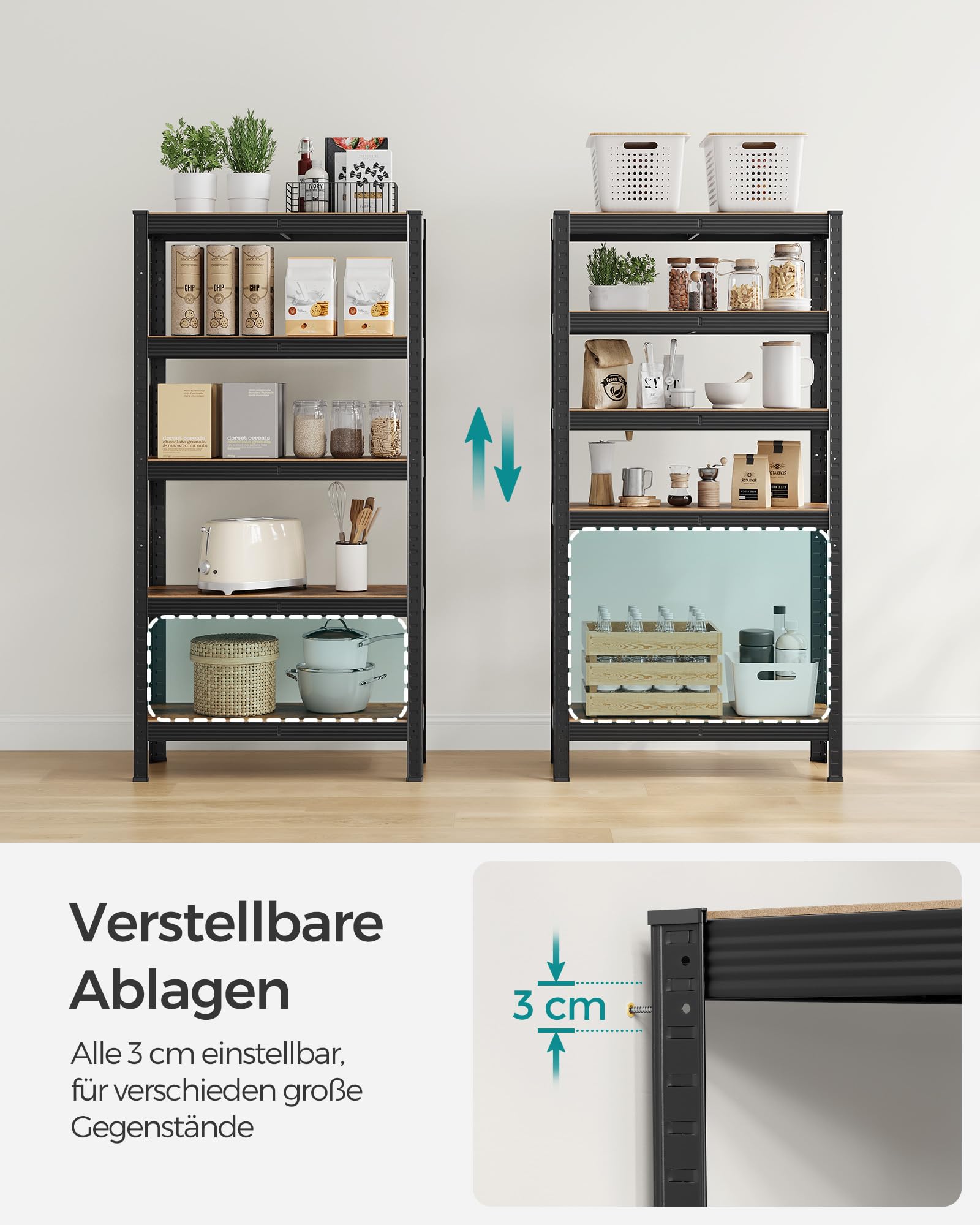 SONGMICS Standregal, Bücherregal, Lagerregal, 5 Ablagen, Küchenregal, Regal, 30 x 75 x 150 cm, bis 650 kg belastbar, verstellbare Ablagen, Industrie-Design, vintagebraun-schwarz GLR030B01