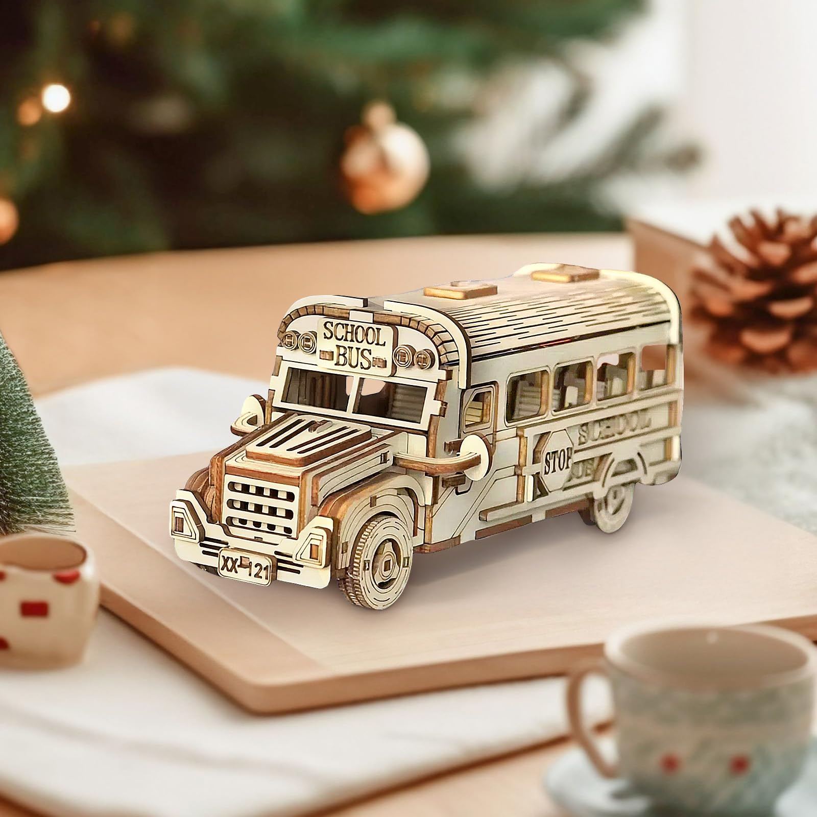 Cuteefun Modellini in Legno da Costruire Autobus Scolastico, Costruzioni Legno Adulti, Puzzle 3D Fai da Te