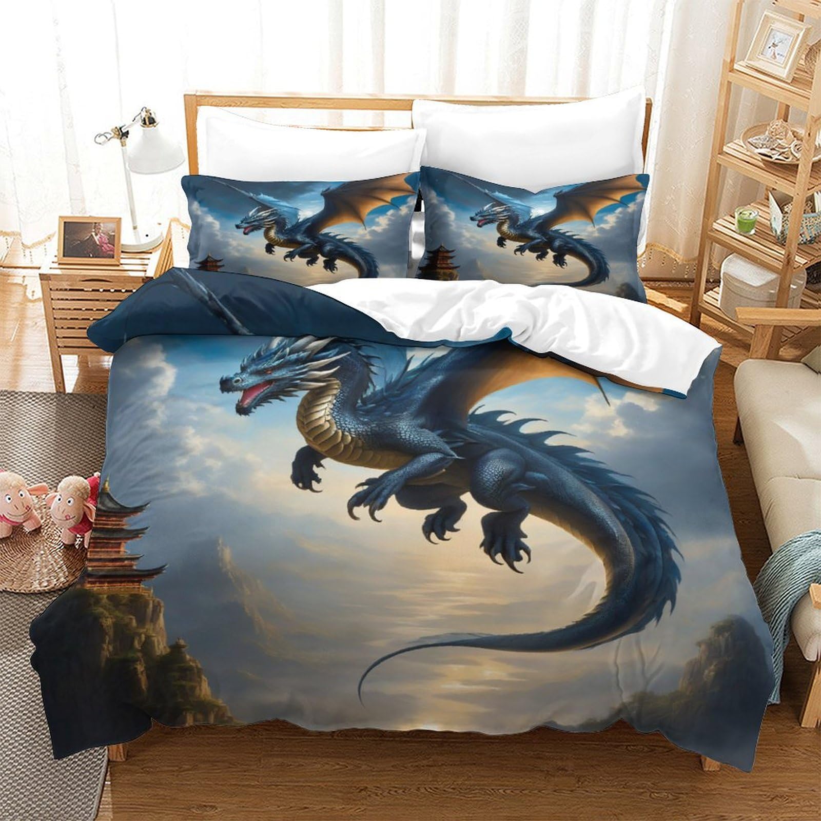 TNFHSOFT Flying Dragon 3d Print Duvet Cover Bedding Set Kids Teens Comforter Cover Set Soft Microfiber Quilt Cover with Zipper Closurewith with Pillwocase King（220x240cm）