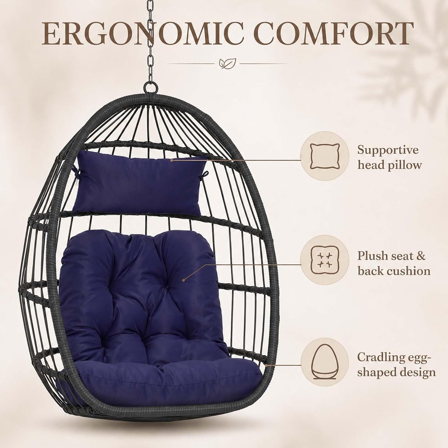 Hanging Egg Chair Outdoor, Rattan Swing Chair Heavy Duty Hanging Basket Chair with Water Resistant Cushion, Handwoven Wicker Pod for Garden Patio Porch, 350 lb Capacity (Dark Blue) image 3