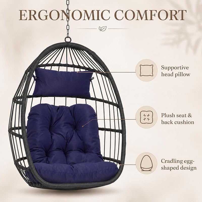Hanging Egg Chair Outdoor, Rattan Swing Chair Heavy Duty Hanging Basket Chair with Water Resistant Cushion, Handwoven Wicker Pod for Garden Patio Porch, 350 lb Capacity (Dark Blue) image 3