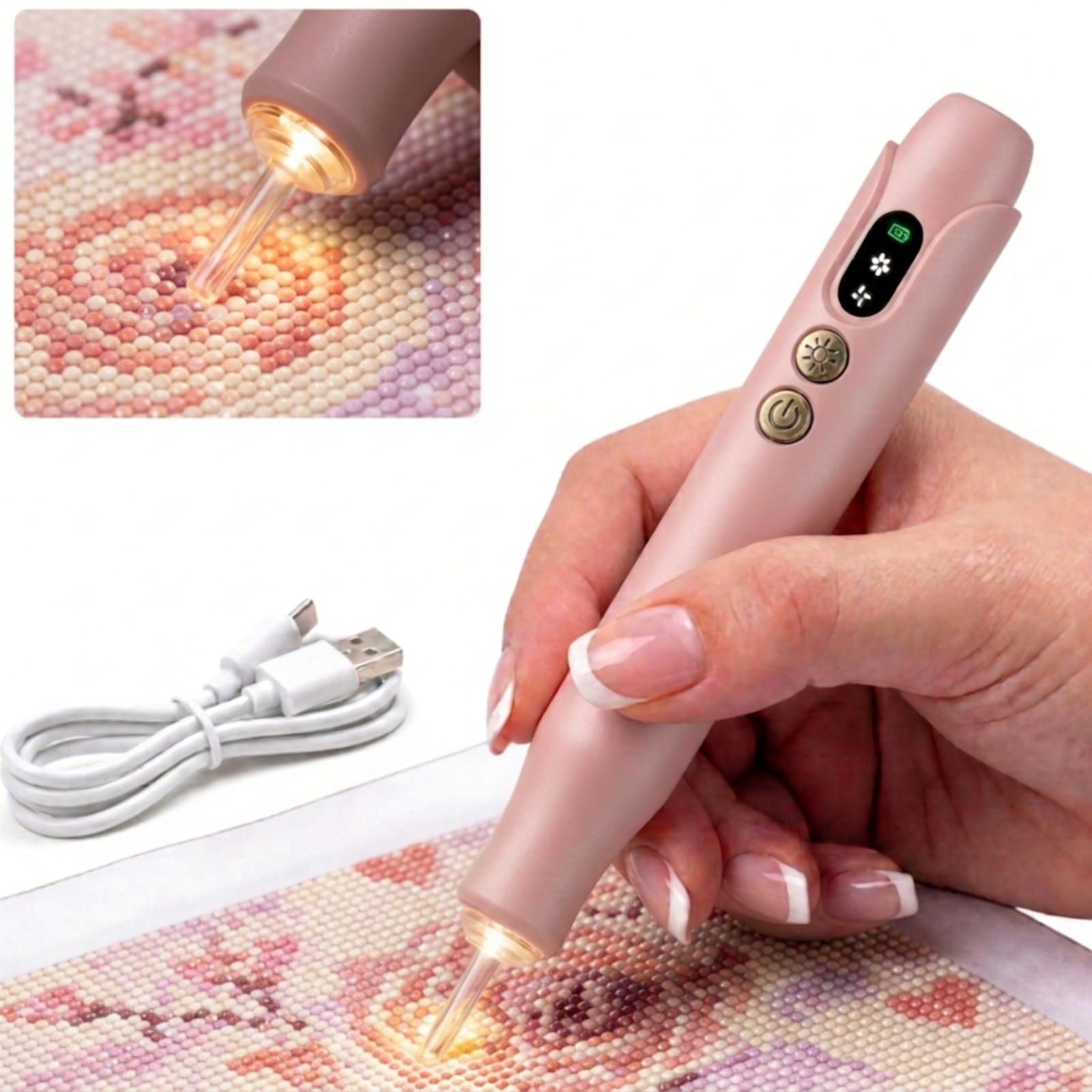 Tolcuez Electric Diamond Painting Pen, Cordless Diamond Art Tools with LED Lights, Low Noise Rechargeable Diamond Art Pens Electric for Diamond Painting Accessories & Diamond Art Supplies (Pink)