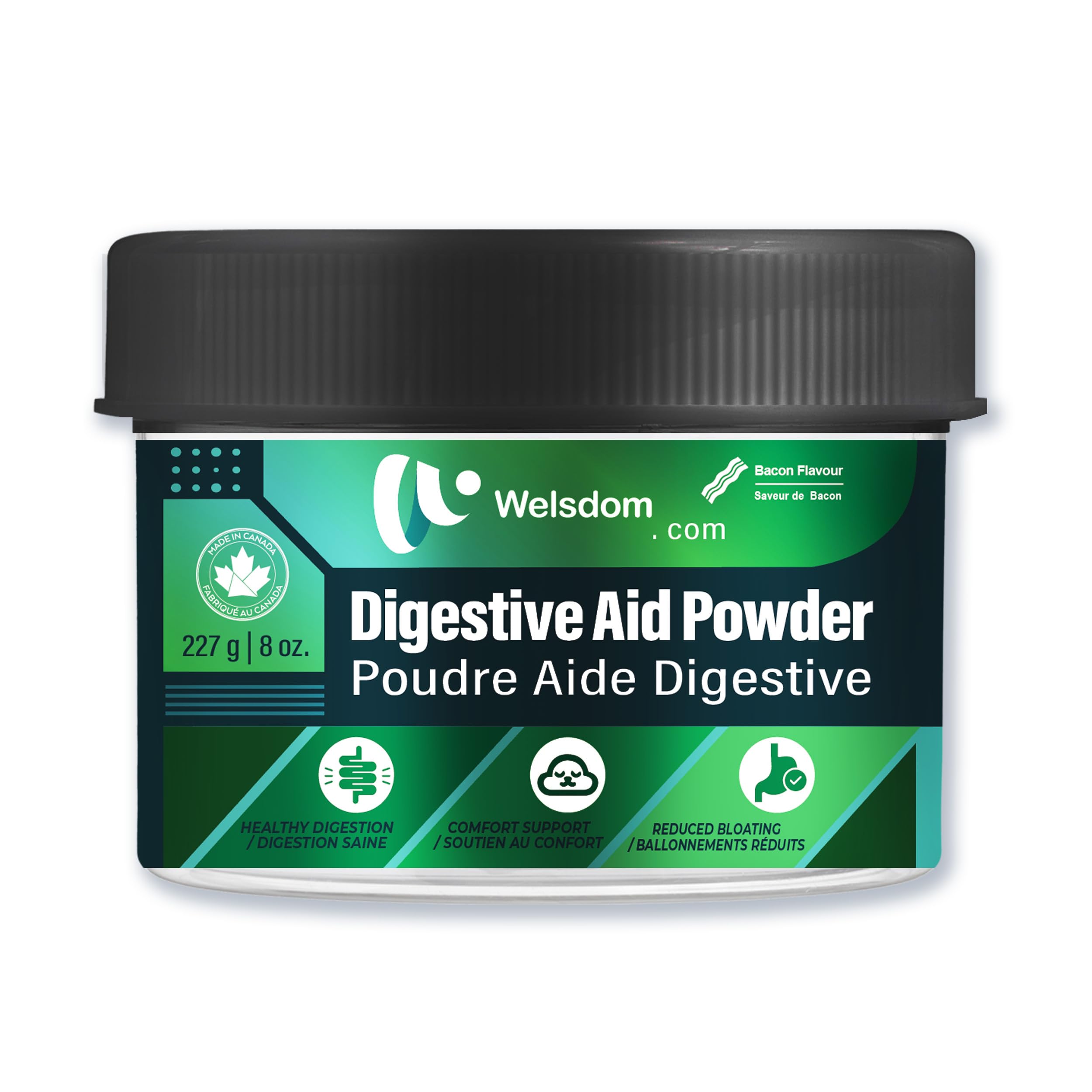 Welsdom Pets Dog Digestive Aid Powder - 150g | Probiotic & Fiber Blend | Supports Gut Health, Digestion, & Comfort | Bacon-Flavored Formula for Easy Administration