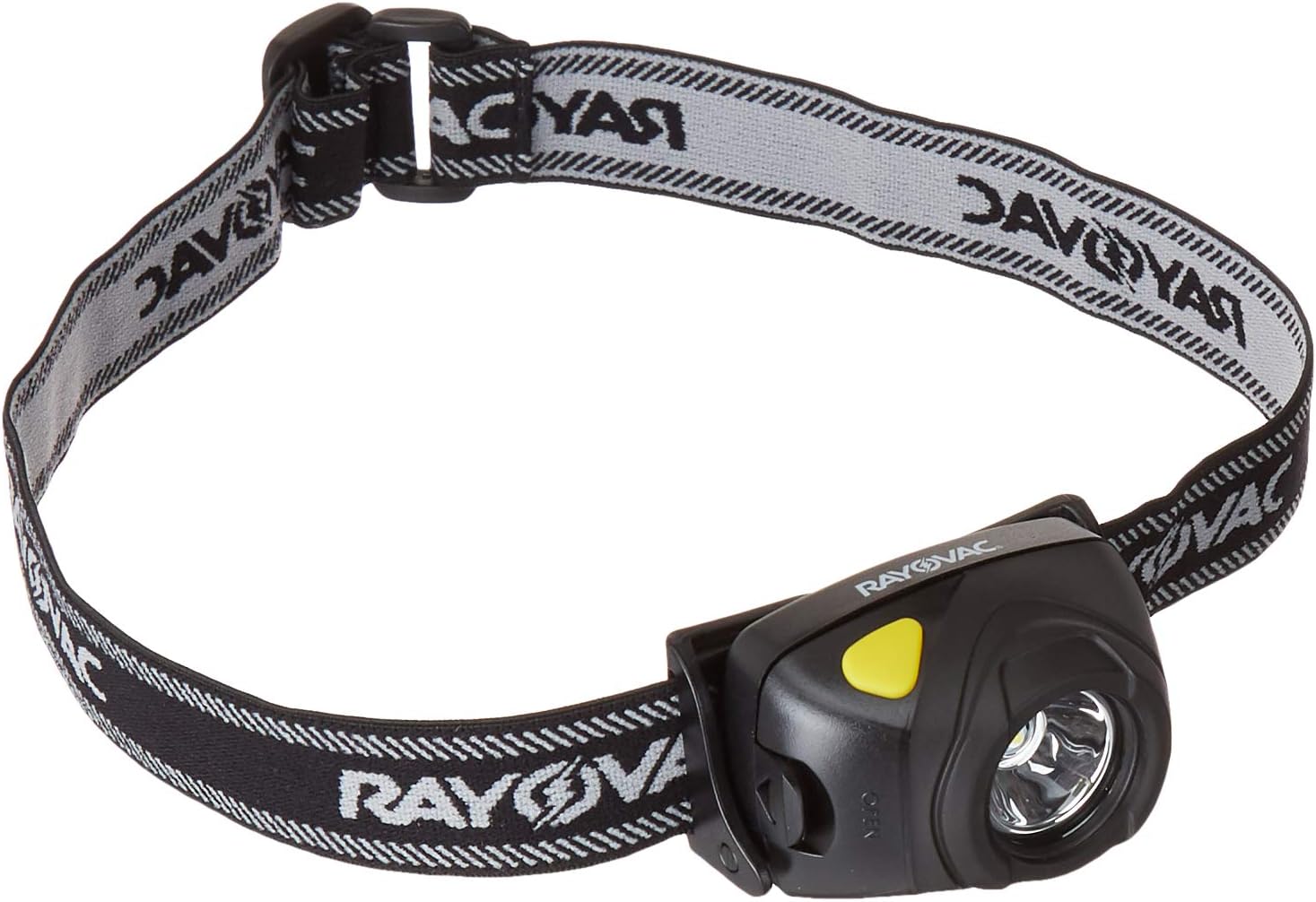 ด้านหน้า view of the Rayovac Virtually Indestructible LED Headlight, showing the power button and pivoting head.