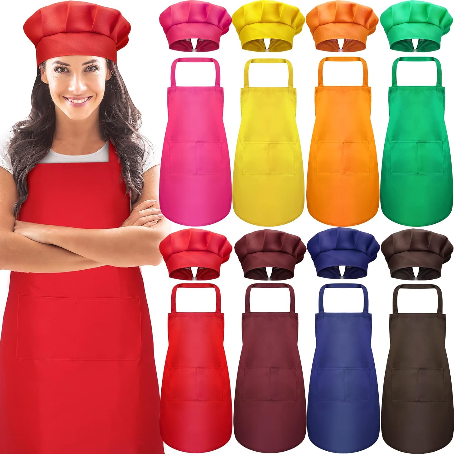 SATINIOR 8 Sets Apron Chef Hat Set Adjustable Chef Hat and Apron with Pockets Set for Adult Women Men Cook