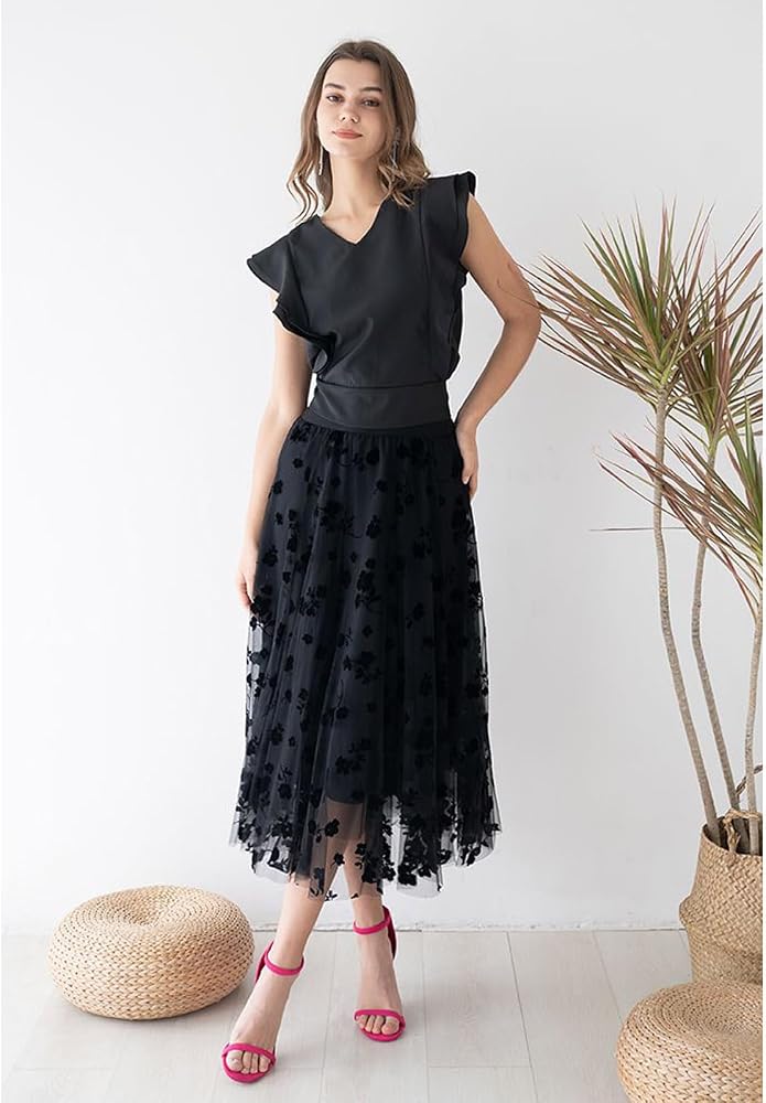 CHICWISH Women's Black 3D Posy Double-Layered Mesh Midi Skirt at