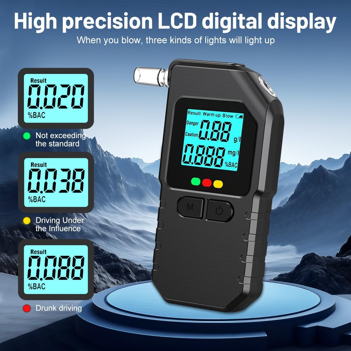 Alcol Test Portatile,Un'elevata Precisione Alcol Test,Etilometro Portatile Certificato,Doppio Sensore Alcol Test,con Display Digitale LCD,25 Boccagli,per Uso Domestico e Professionale