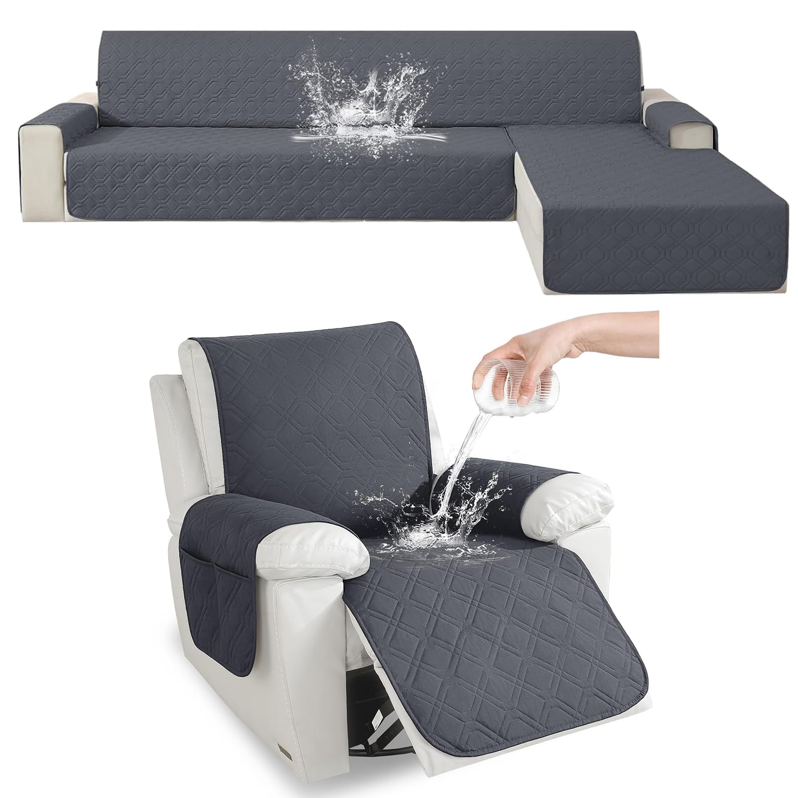 Housse de canapé d'angle 2 places et fauteuil grand format gris foncé