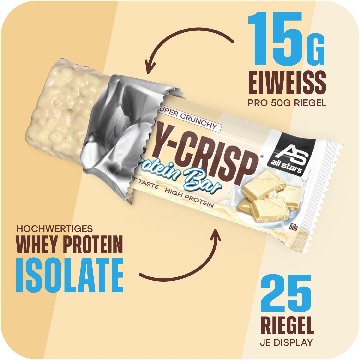 ALL STARS Whey-Crisp Protein Bars - White Chocolate Cookie Crunch - Protein Riegel überzogen mit Schokolade und verfeinert mit Whey-Crispies – mit 15g Eiweiß pro Riegel - 25x50g