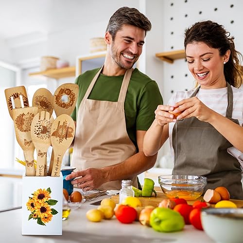Miniatura 7 de Juego de 7 utensilios de cocina de girasol, cucharas de bambú para cocinar con soporte para utensilios, decoración de cocina de girasol, lindo