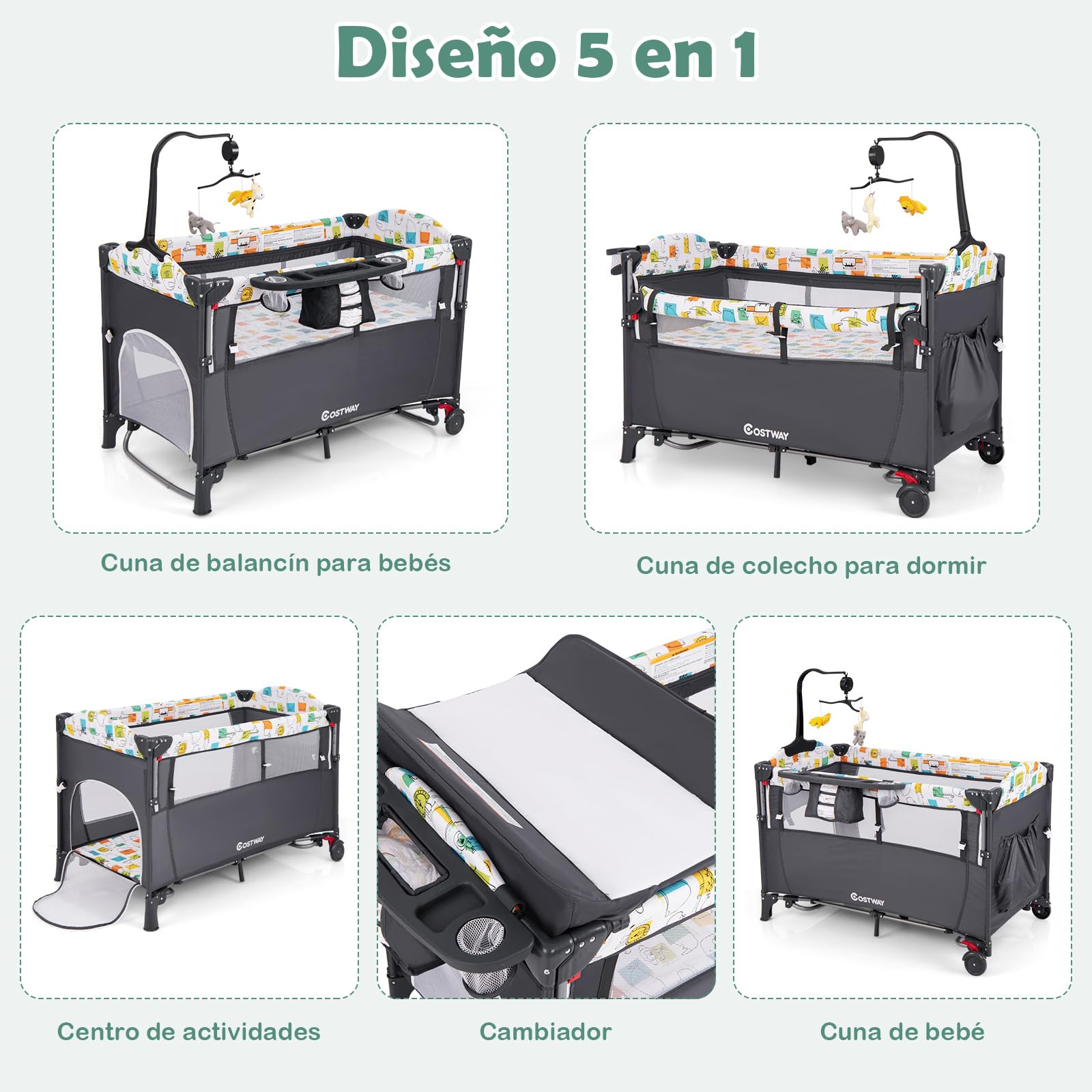 COSTWAY Cuna de Viaje Convertible 5 en 1 con Cambiador, Bolsillo de Almacenamiento, Centro de Guardería para Bebés, Juguetes Colgantes, Cuna Ajustable de 4 Niveles con Ruedas y Frenos (Gris)