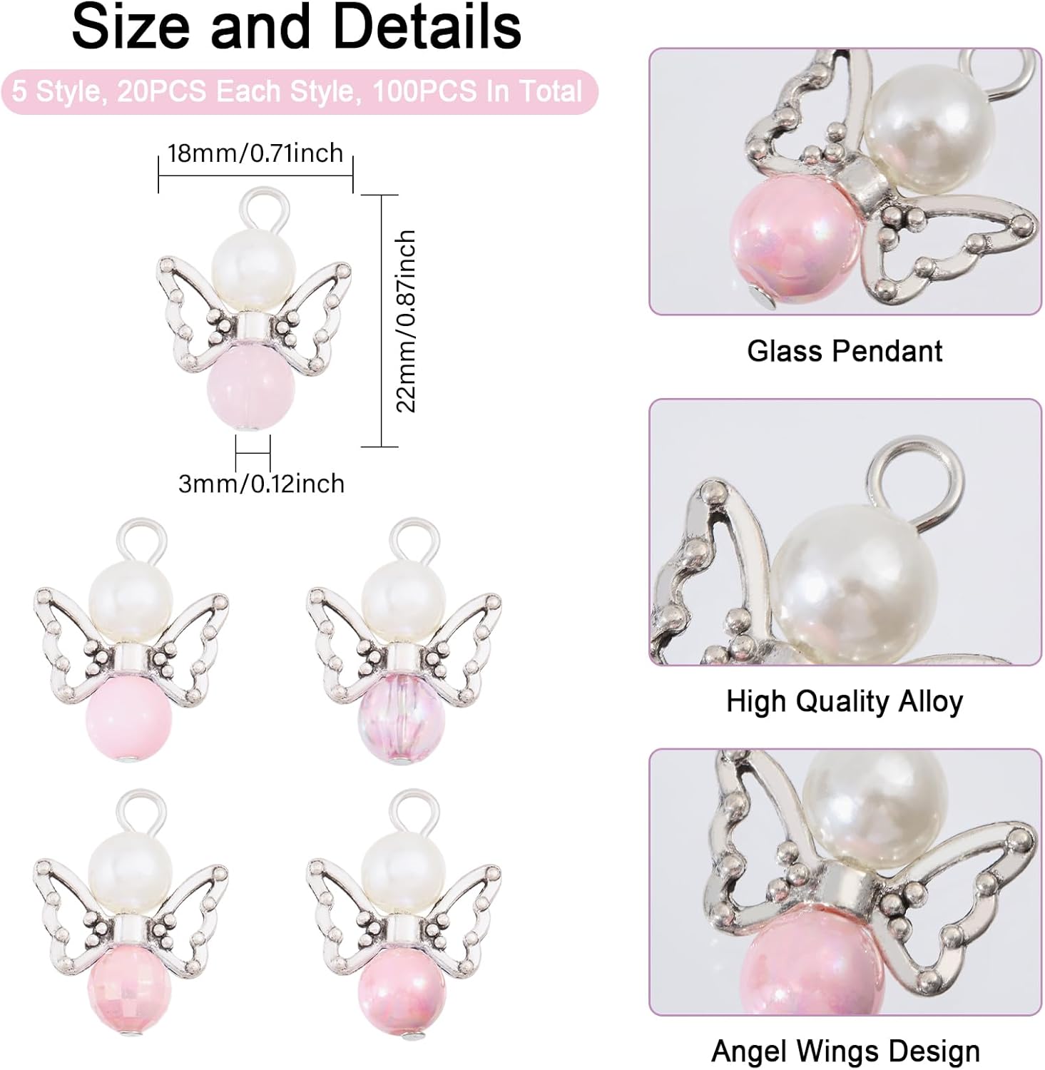 CHGCRAFT Angel Wing Charms Angel Pendant Beads Acrylic Alloy Pendant with Iron Findings Round Antique Silver Platinum Decorations for DIY Jewelry Making Necklace Keychain Crafts - Image 2