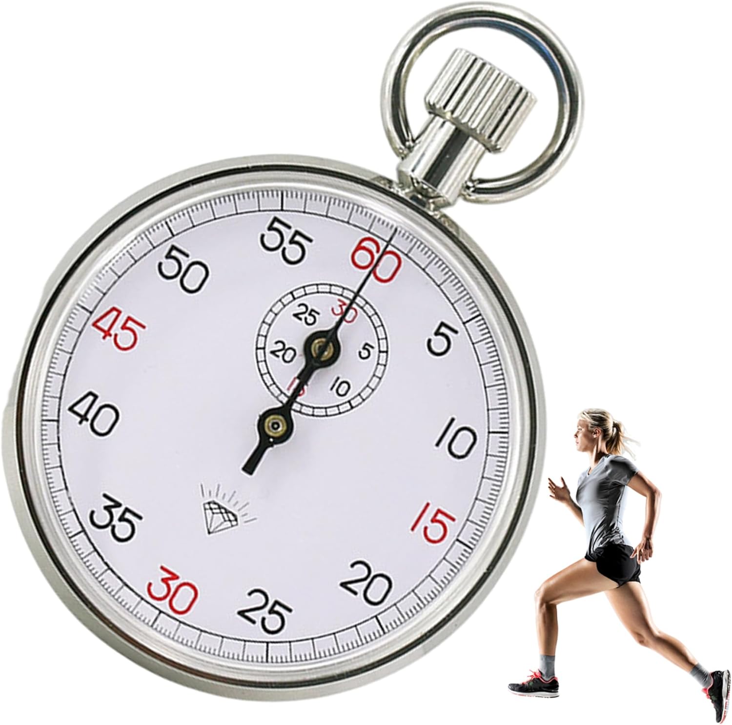13-Jewel Mechanical Analog Stopwatch - Precise Timing Stop Watch with Lanyard for Sports Laboratory (White Dial), 60s/30M