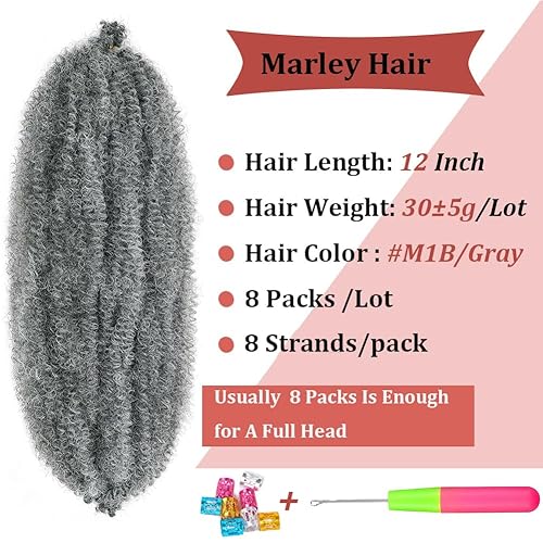 Miniatura 4 de Marley Twist - Cabello trenzado de color gris, para rizos suaves, 12 pulgadas, cabello afro trenzado preseparado para trenzar cabello de ganchillo