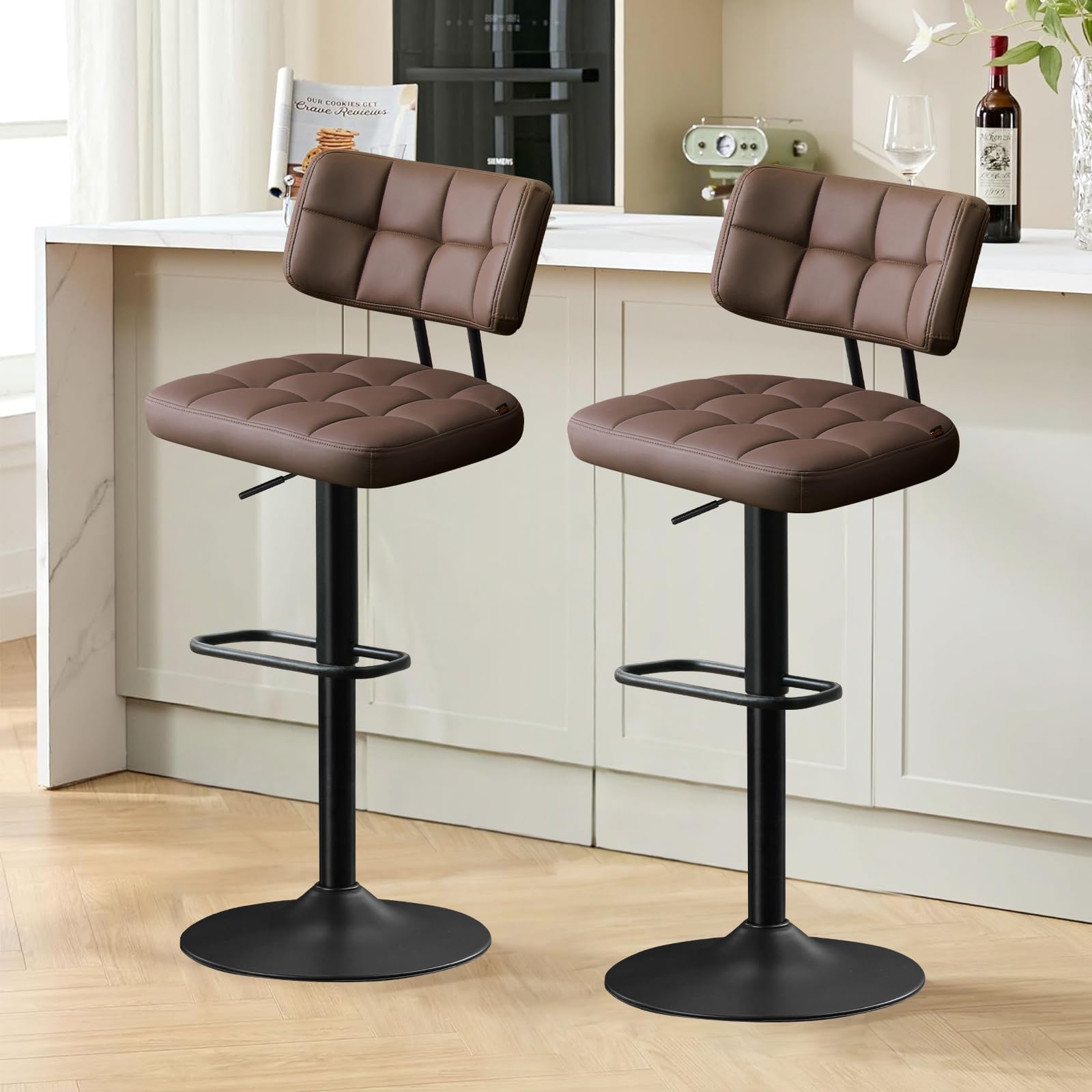 Ckaff Set di 2 Sgabelli da Bar, Sedie da Bar Girevole 360° Altezza Regolabile da Penisola, Sgabelli Alto in Similpelle, Sedie da Cucina con Schienale e Poggiapiedi per Bar Cucina Ristorante, Marrone