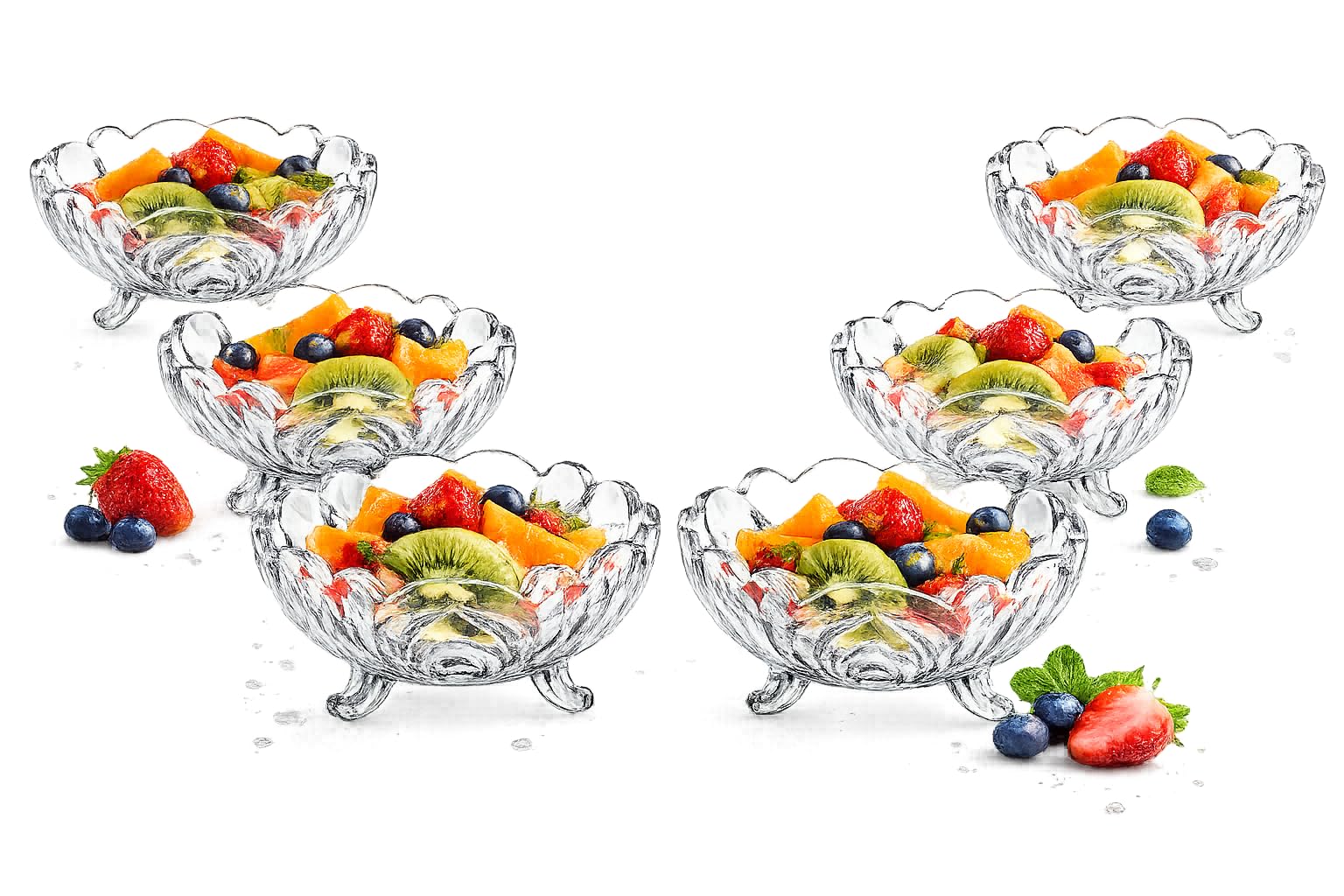 Housetronics Large Crystal Clear Glass Fruit Bowl, Creative Footed Modern Deep Dish Pudding Trifle Dessert Serving Bowl Ideal Decorative Bowls, Salad and Potpourri (6 Small Bowl Set)