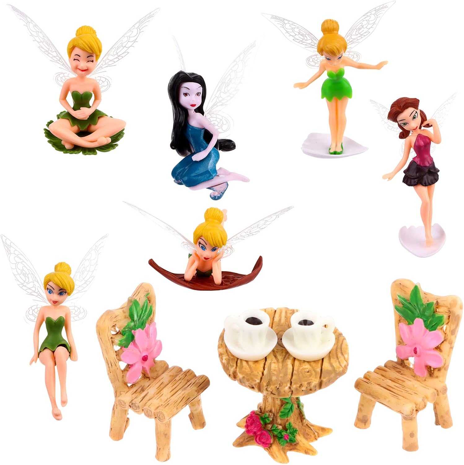 IYSHOUGONG 11 Pcs/Set Miniature Fairy Garden Ornament Table Chair Tea Cup Fairy Pixie Girl Fly Wing DIY Dollhouse Decor