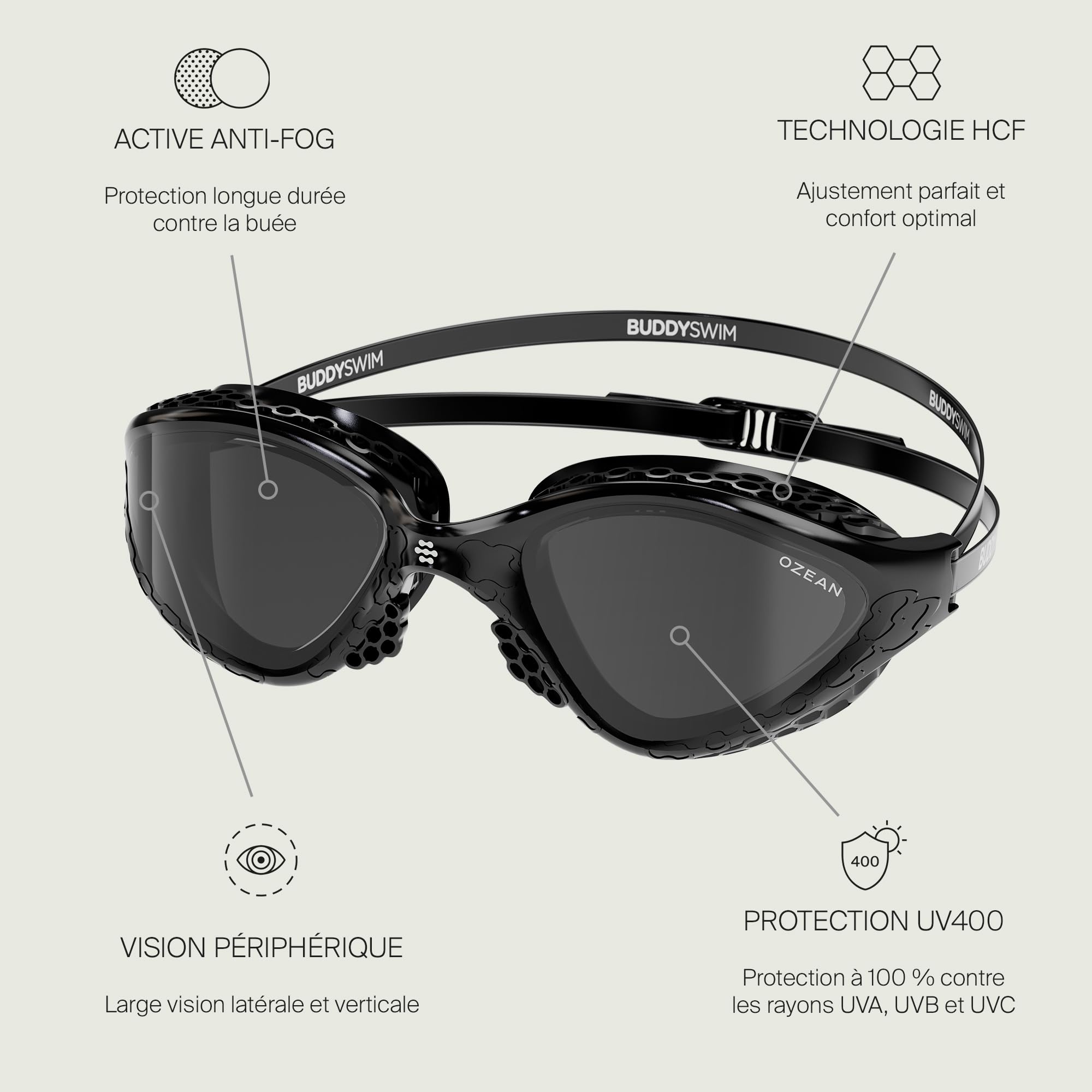 Lunette Piscine Adulte Ozean. Lunette Natation Homme avec Protection UV400. Lunettes de Piscine Femme Antibuée. Vision Périphérique. Ajustement Confortable avec Technologie HCF pour Femme.