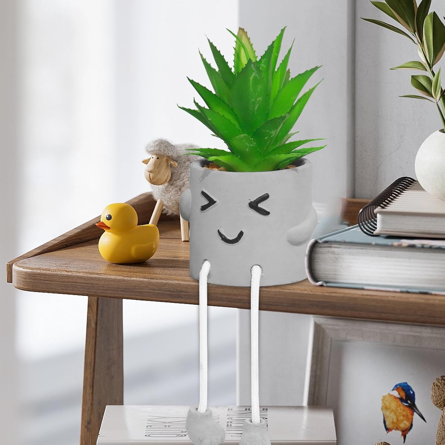 3 Pcs Aesthetic Faux Succulents with Dangling Legs,Small Fake Plants in Face Pots,Kawaii Shelf Sitters, Unique Office Gifts for Women and Coworkers,Grey