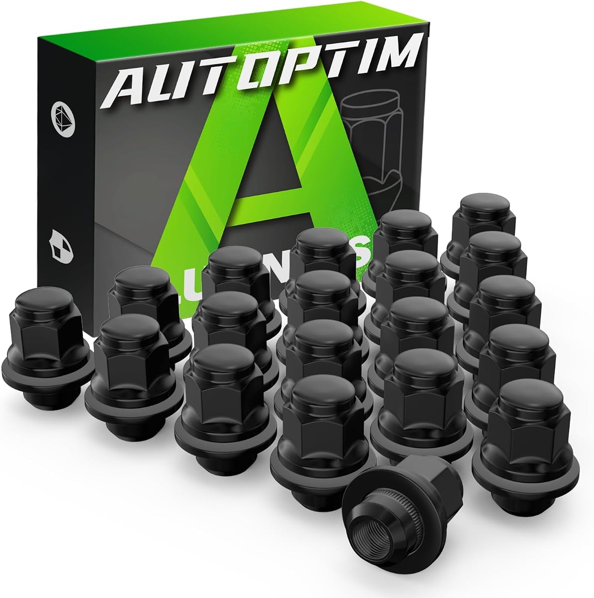 AUTOPTIM M12x1.25 OEM Lug Nuts - 20 Pcs Black Mag Flat Seat for Nissan | Replacement for Nissan Altima Maxima Pathfinder Rogue, Infiniti Q50 G37 QX60 QX50, Closed End Factory Wheel Nuts with Washer