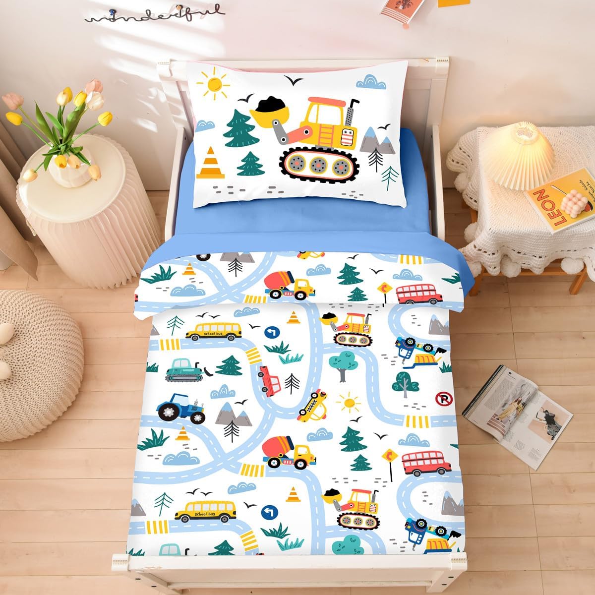 NTBED 4 Pieces Construction Toddler Bedding Set for Baby