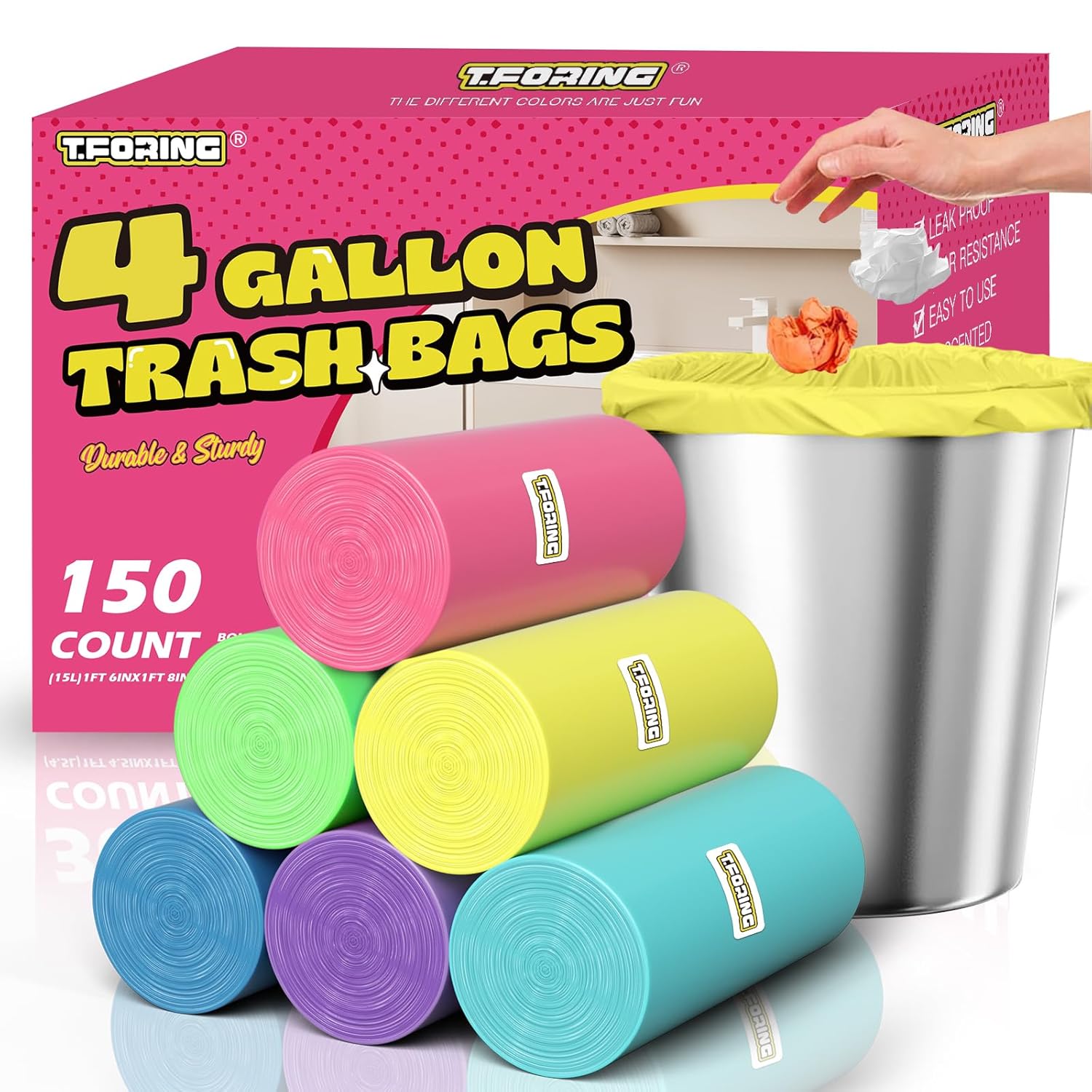 150 Count 4 Gallon Small Trash Bags - Colored Bathroom Garbage Bags Unscented Leak-proof 15 Liter Plastic Wastebasket