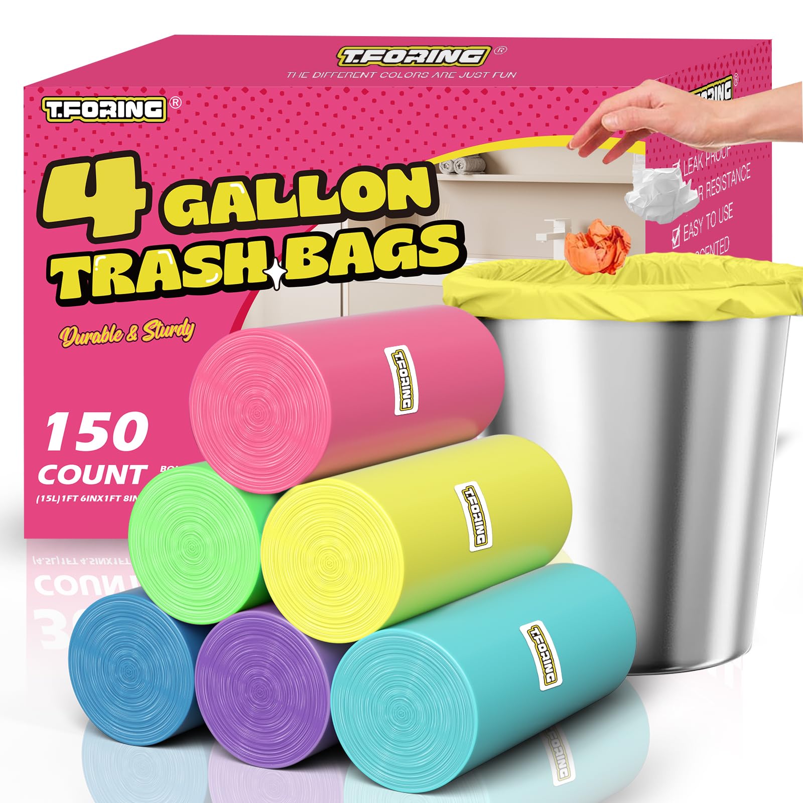 T.FORING 150 Count 4 Gallon Small Trash Bags - Colored Bathroom Garbage Bags Unscented Leak-proof, 15 Liter Plastic Wastebasket Can Liners for Office Bedroom Toilet and Car