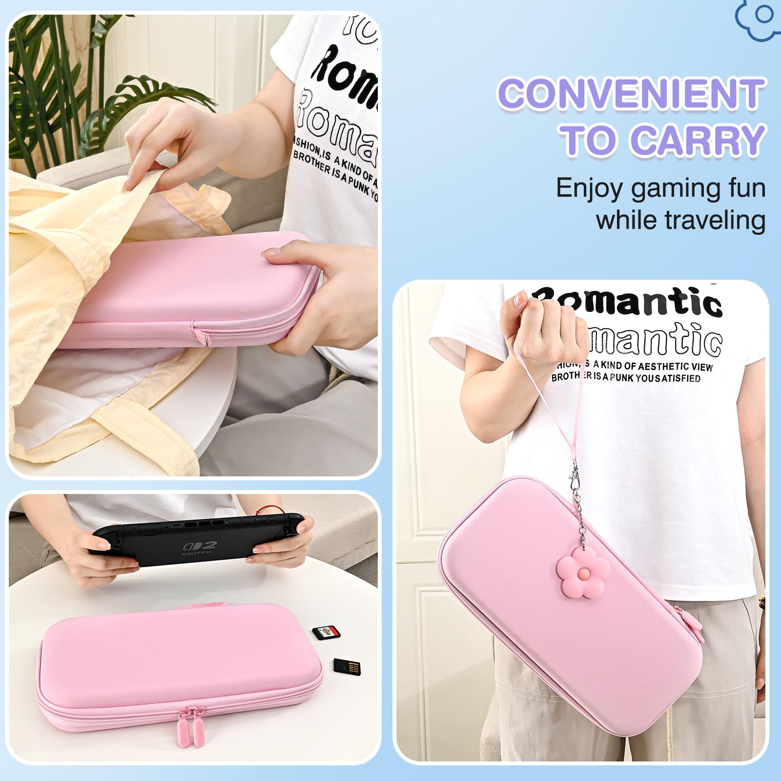 DLseego Custodia da Trasporto Solo per Switch 2, Custodia da Viaggio con Guscio Protettivo Robusto, 4PCS Grip Cover e 1PC Lovely Flower Charm,Rosa