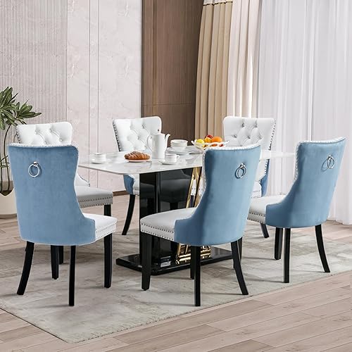 Miniatura 145 de Juego de 6 sillas de comedor de terciopelo, sillas de comedor tapizadas acolchadas con ribete de tachuelas y patas de madera maciza para cocina,