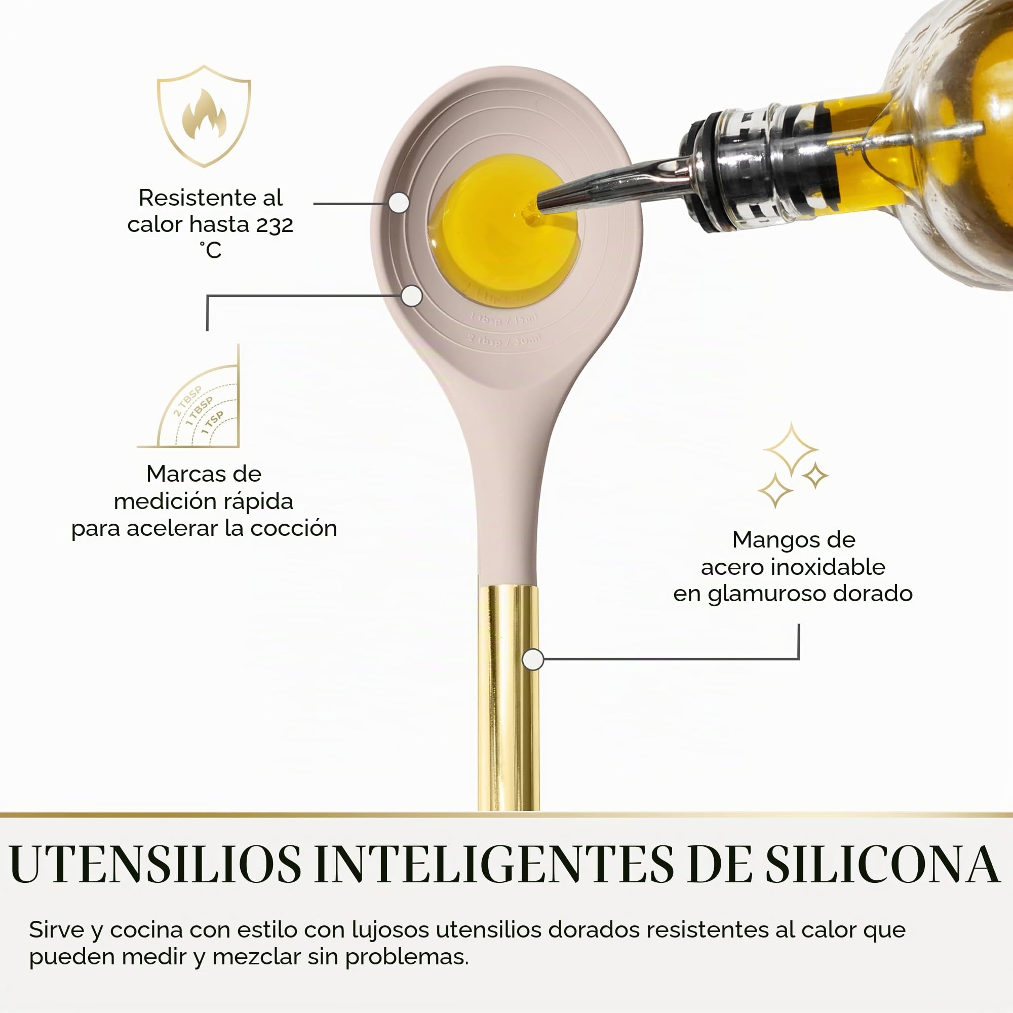 Juego de utensilios de cocina de 7 piezas, color beige y dorado, herramientas de silicona y acero inoxidable no tóxicas para cocinar, servir y alojar, ideal para utensilios de cocina antiadherentes y