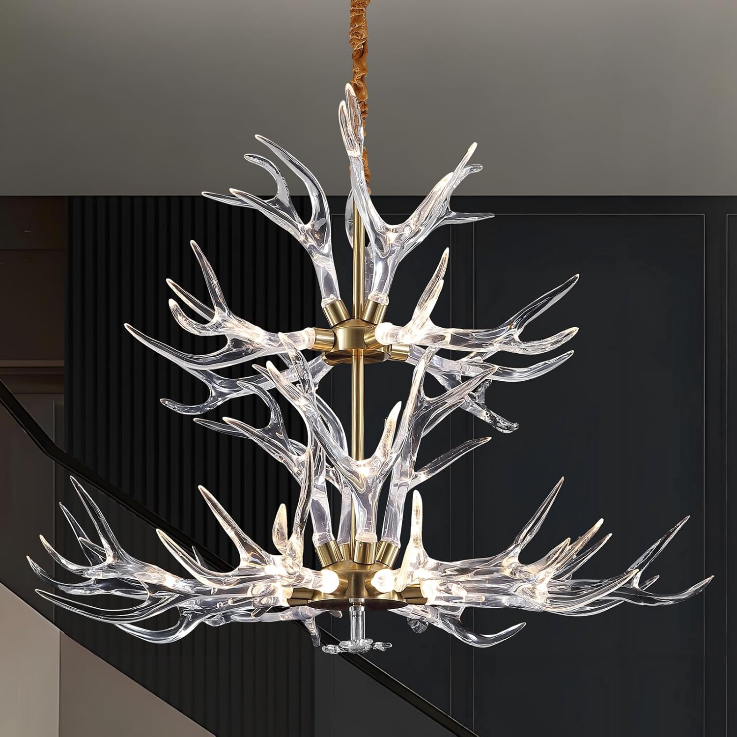 Acrylic Antler Chandelier Ceiling Light Fixtures, Clear Resin Deer Antler Chandelier Dimmable Lighting for Dining Living Room, Bedroom, Kitchen, Cabin, Farmhouse 41.3" 19 Lights