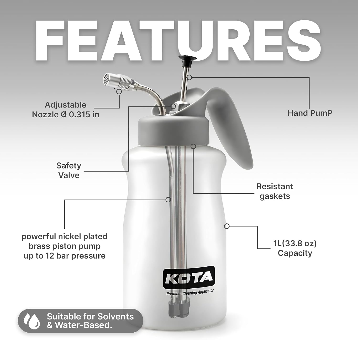 KOTA 1 L Adjustable Hand Pump Pressure Sprayer, Heavy-Duty Multipurpose Bottle for Automotive Solvents, Surface Prep & Car Detailing, Chemical-Resistant PE Construction (Cleaning Applicator) 75880 image 2