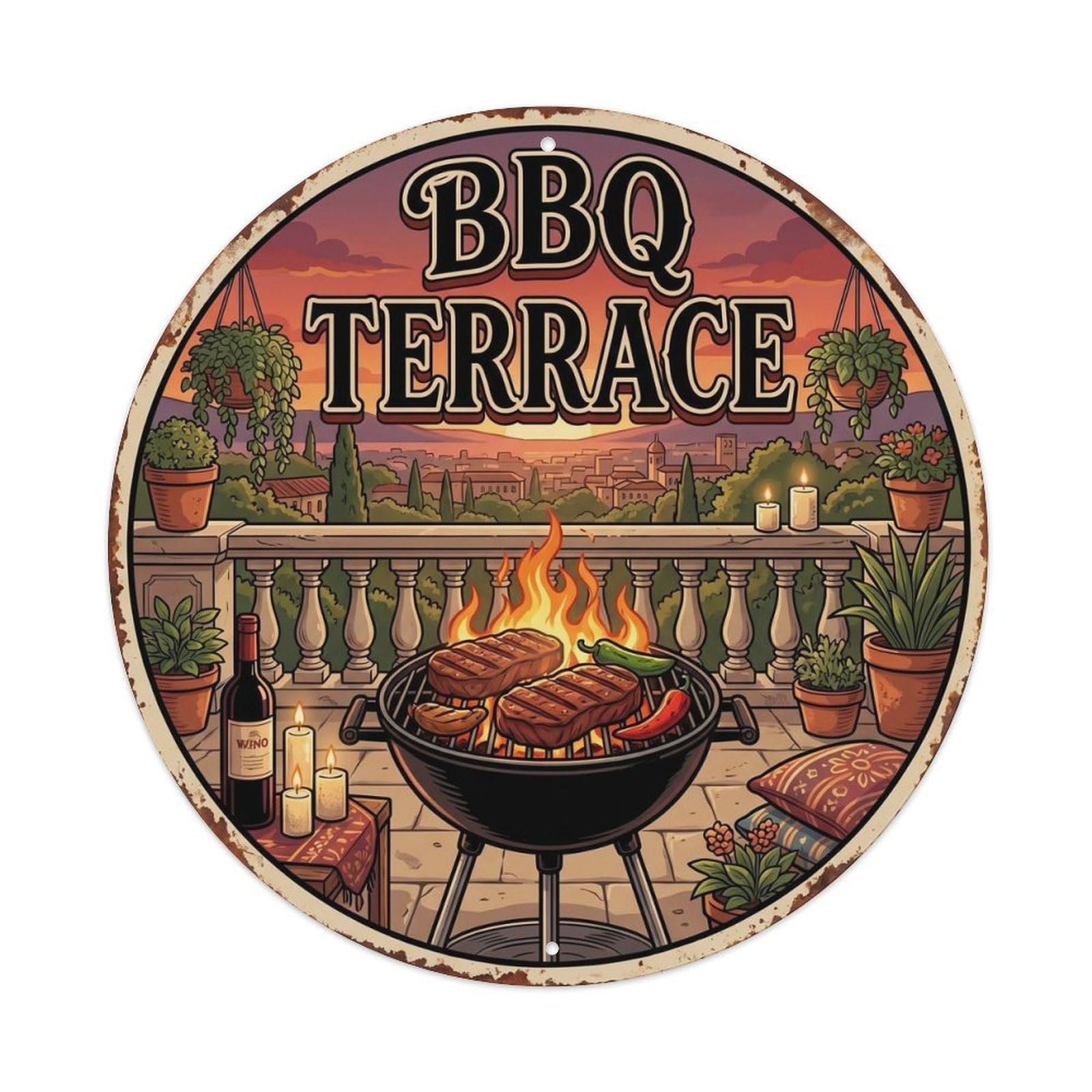 Yrnq Vintage Style-11 Vintage Bbq Barbecue Terrace Artwork Metal Tin Sign Plaque Wall Decor For Cafe, Club, Garden Round Metal Poster 8X8inch