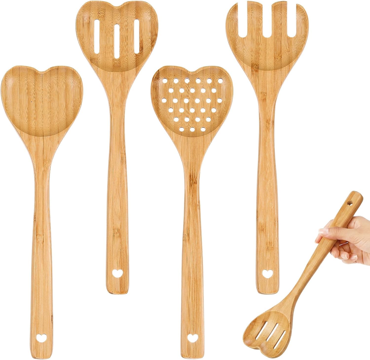 Baderke 4 Pcs Acacia Wooden Heart Spoons Set, Mothers Day Gifts Heart Shaped Cooking Utensil, 4-Style, Long Handle for Wedding Housewarming Gift for Wife Mom Grandma Hostesses Cooks