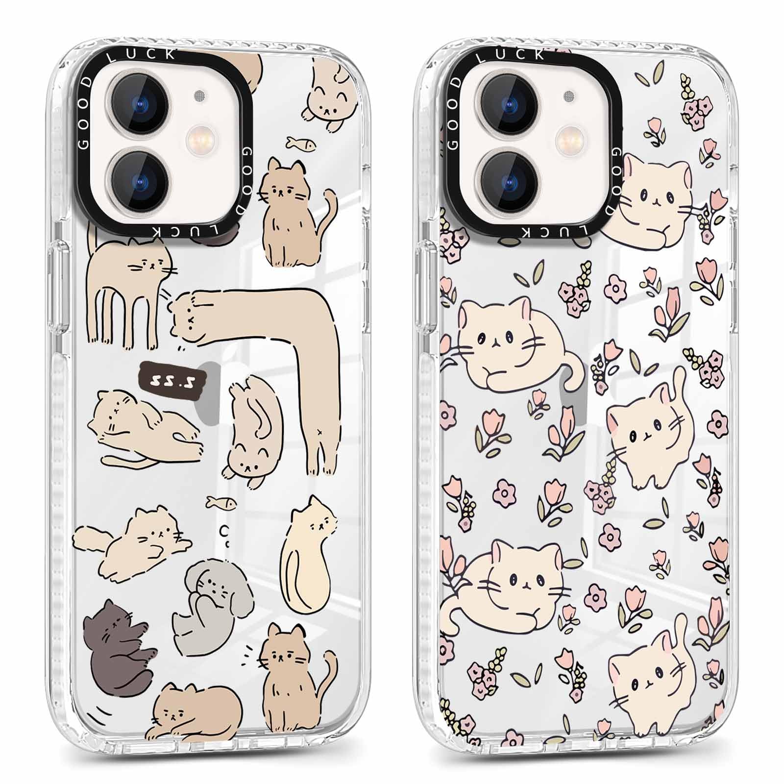 Xylota 2 Piezas Funda para iPhone 12/iPhone 12 Pro 6,1",Transparente Carcasa Lindo Dibujos Gatos Mujer Niñas Case, Ultra Delgado Silicona Suave TPU Bumper Antichoque Protección Cover para iPhone 12,07