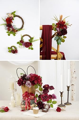 Miniatura 6 de Juego de flores artificiales de seda para centros de mesa, decoración de pasteles, ramos de boda, boutonnieres, decoración del hogar (memoria rojo