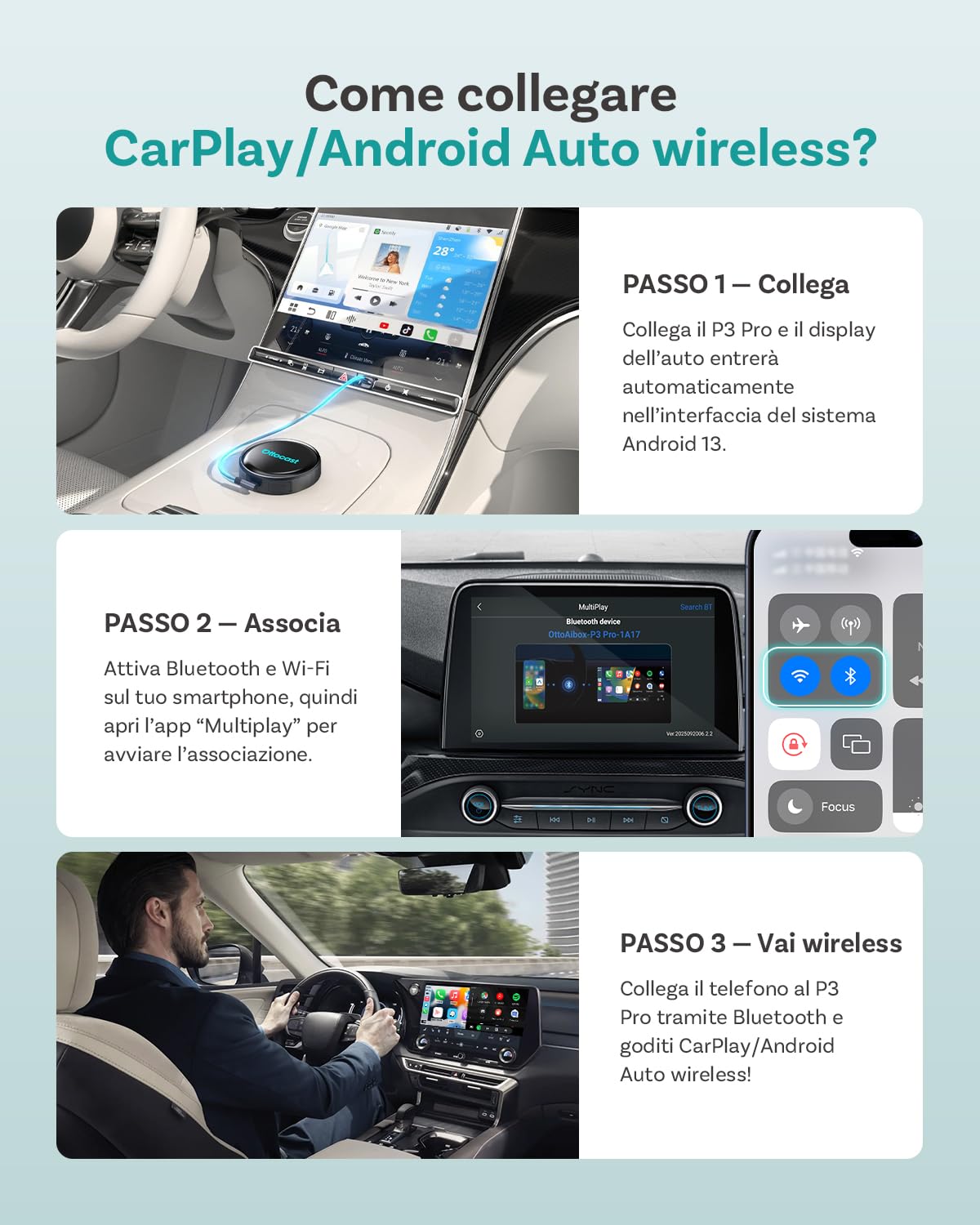(2026 Nuovo) OTTOCAST P3 Pro CarPlay AI Box, 3-in-1 Wireless Adattatore CarPlay & Android Auto con Uscita HDMI, 8GB+128GB, Schermo Diviso, App Scaricare, Aggiornamento OTA per Auto con CP/AA Cablati