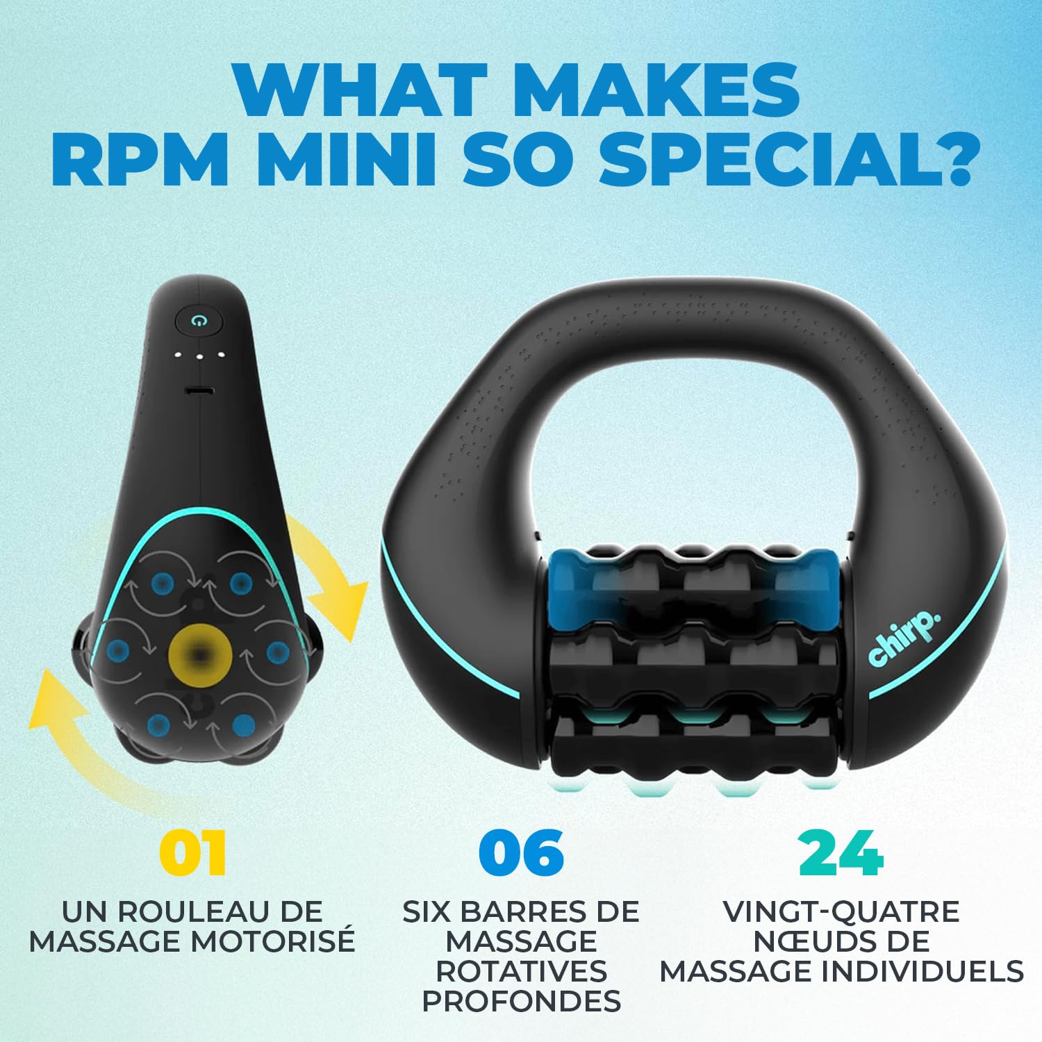 Chirp RPM Mini masseur à percussion roulante – Massage complet du corps, récupération musculaire & tissus profonds – Rechargeable, mains libres, rotation 3 vitesses
