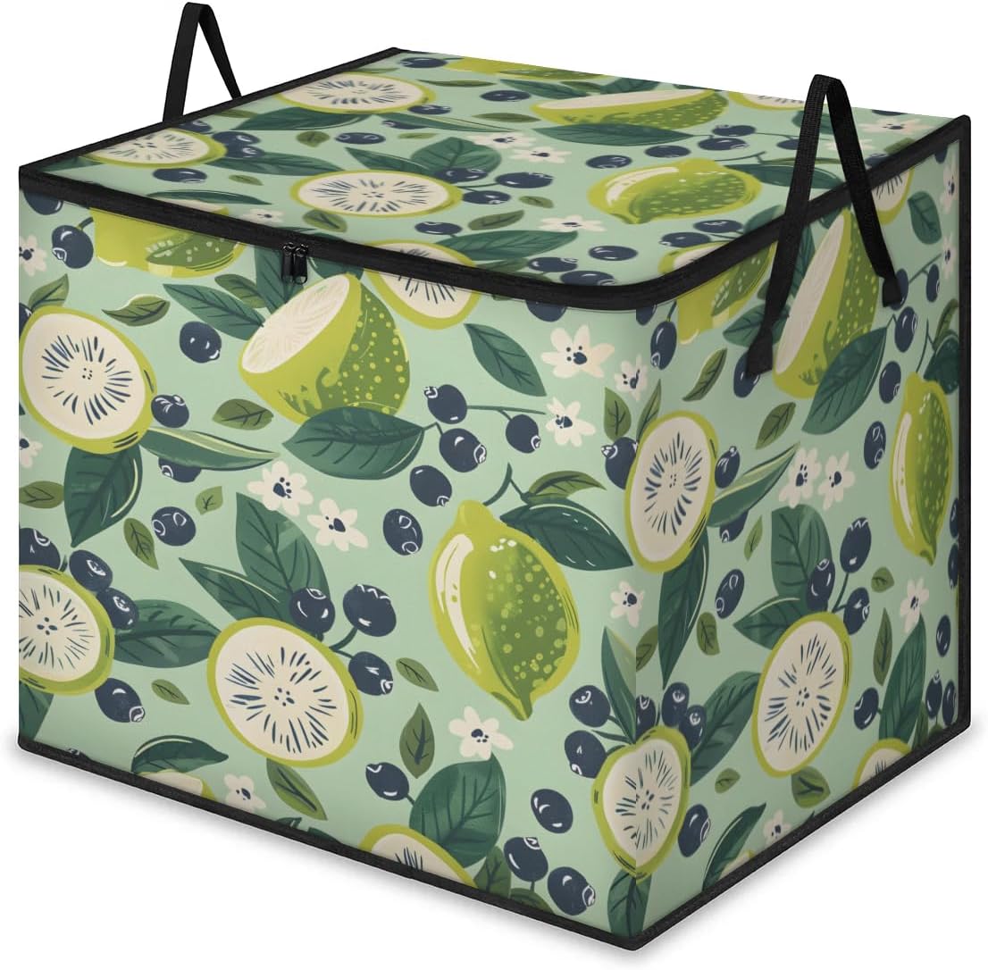 Honeybaby 214L Extra Large Comforter Storage Bag Blueberry Lime Print Storage Totes with Lids Waterproof Closet Organizer Folding Blanket Storage Bags for Clothes Bedding Pillows