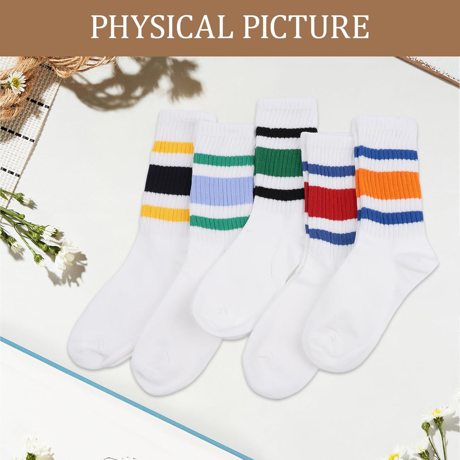 10 Pairs Retro Crew Socks, Vintage Striped Socks Women Men - Image 3