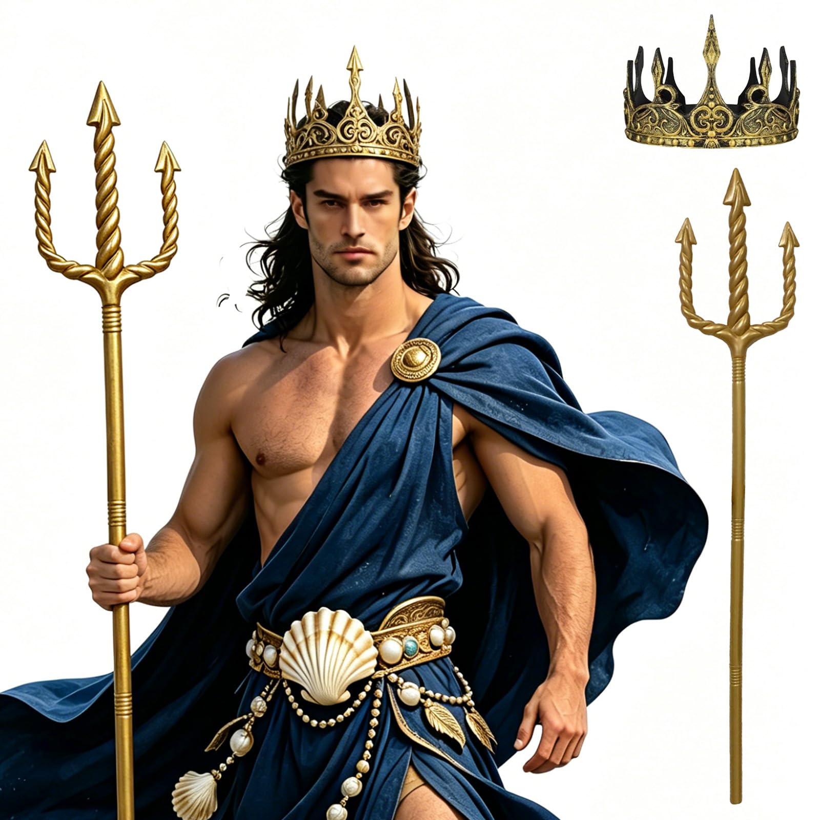 Pddgeun Poseidon Costume Accessories with Gold Trident King Crown Adult Ocean Sea King Staff for Men Women Halloween Cosplay Dress-Up