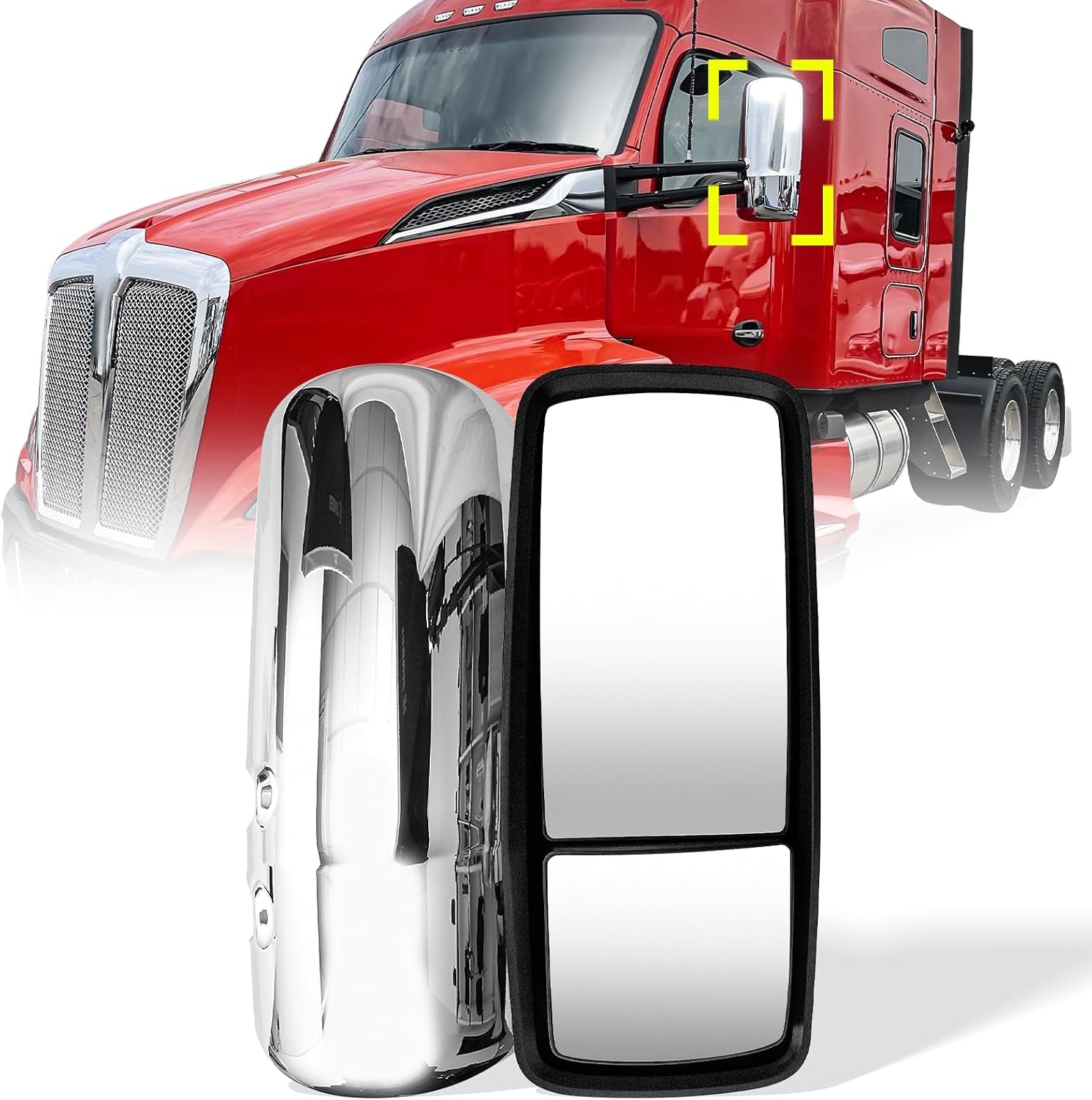 High Soar for Kenworth T680 T880 Door Mirror Assembly,Heated Defrost Motorized Rear View Mirror Assembly Replacement for Kenworth T880 T680 Driver Side/Left Side (Chrome)