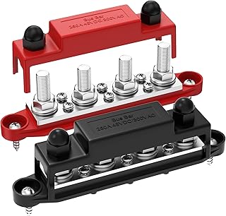 Upgrade 250A 12V Bus Bar Battery Power Distribution Block Car Audio 12 Volt DC Busbar 4 x 3/8" Posts 6 x #8 Screws for Marine Automotive RV and Solar Wiring