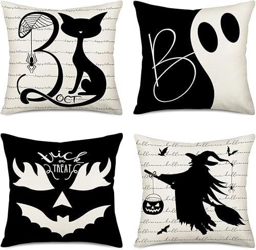 Miniatura 1 de Easternproject Juego de 4 fundas de almohada de Halloween Boo de 22 x 22 pulgadas, 31 de octubre, diseño de gato, truco, malvado, calabaza,