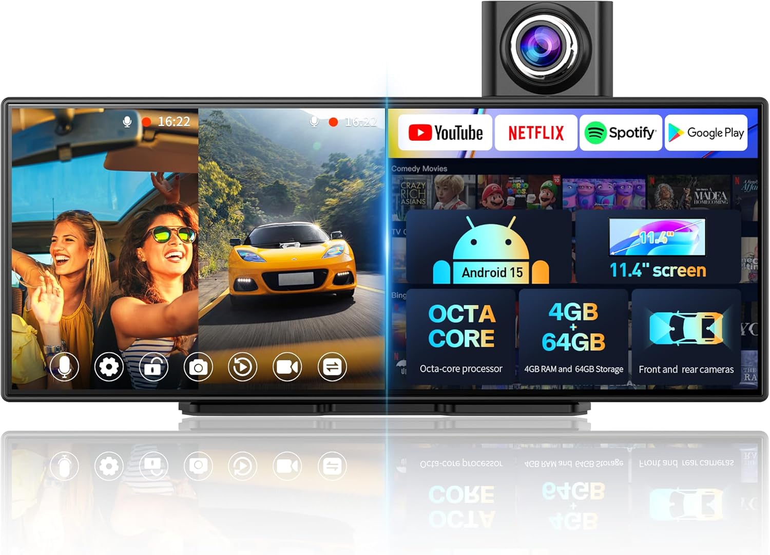 11.4" Android 15 CarPlay Screen for Car with 8-Core Processor 4GB RAM 64GB Storage CarPlay Android Auto Screen 1080P Front & Rear Camera GPS Split Screen Built-in Net-Flix YouTube Google Play