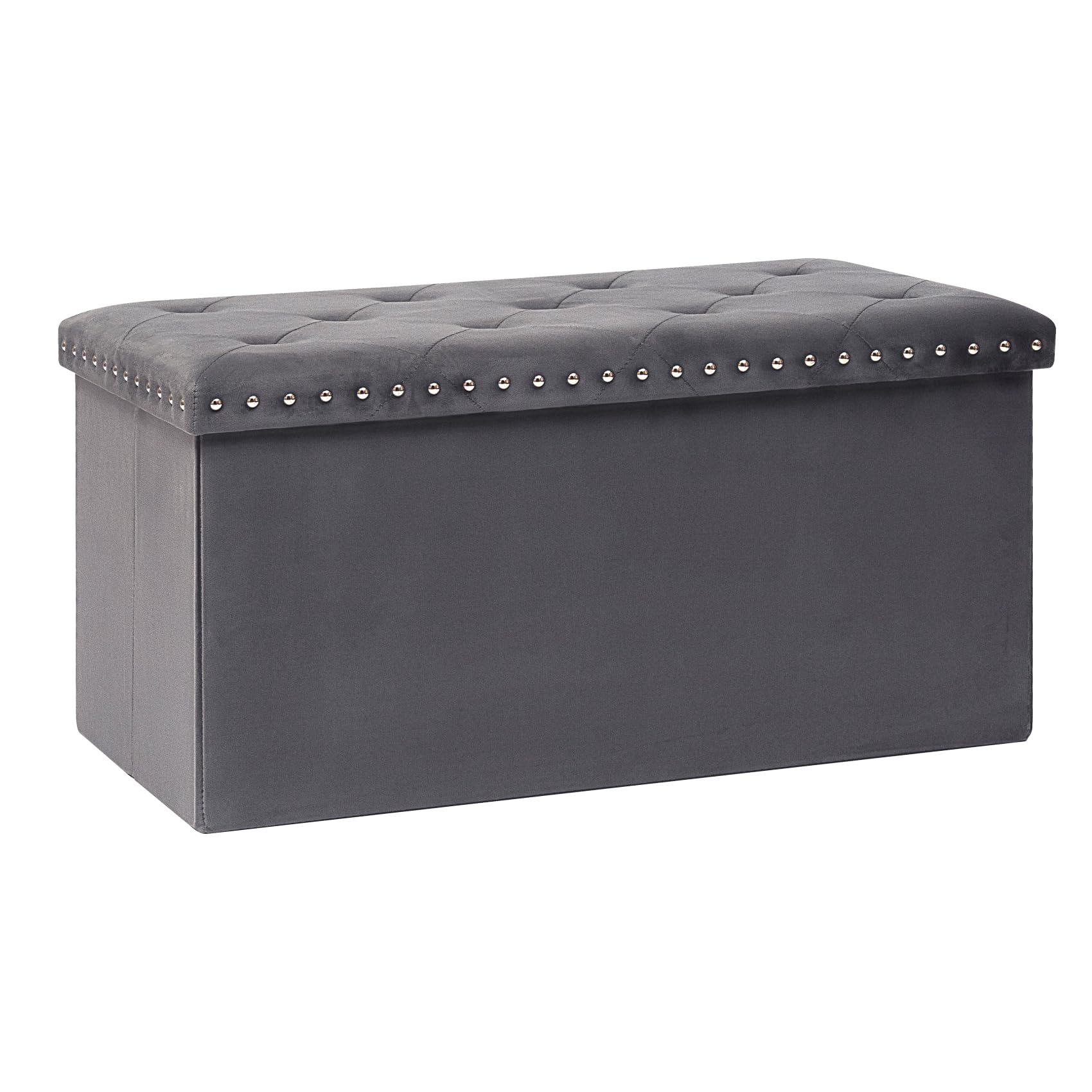 Bonlife Velvet Ottoman with Storage,Large Storage Boxes with Lids,Folding Ottoman Bench Seat,Footstool for Living Room,76x38x38cm,Grey