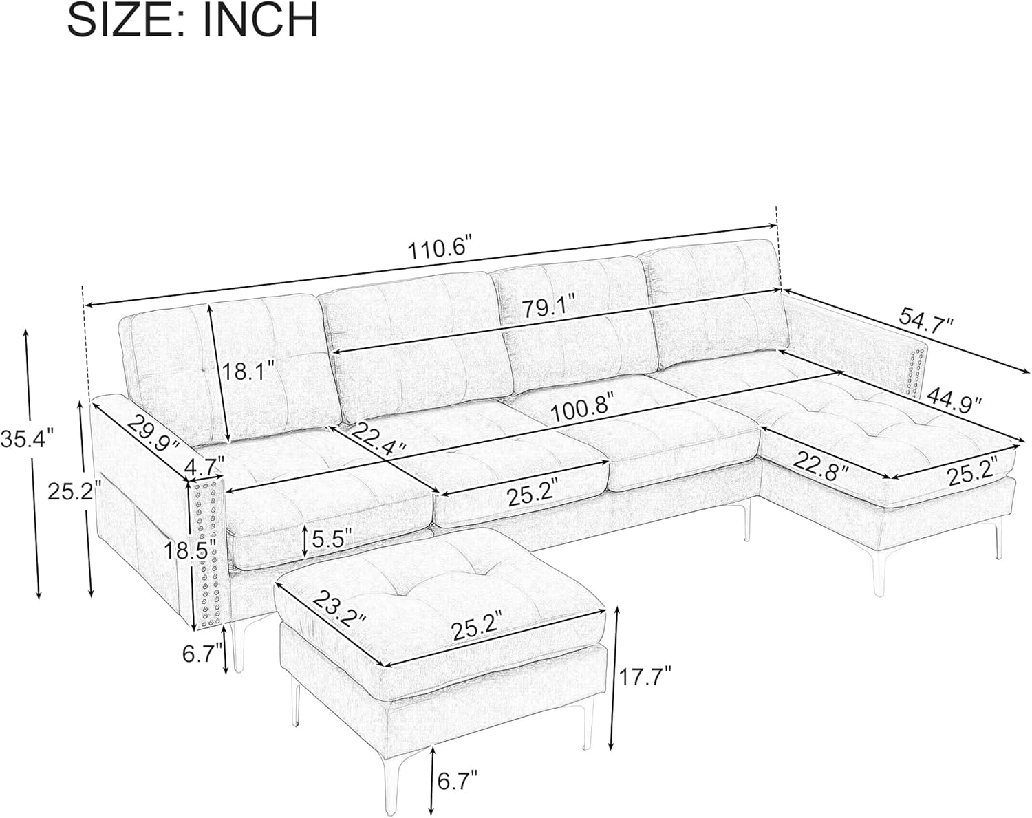 P PURLOVE Velvet Modern Large Sectional Sofa, U Shape Upholstered Couch with Chaise, Convertible Sofa Couch with Movable Ottoman for Living Room Apartment (Black)