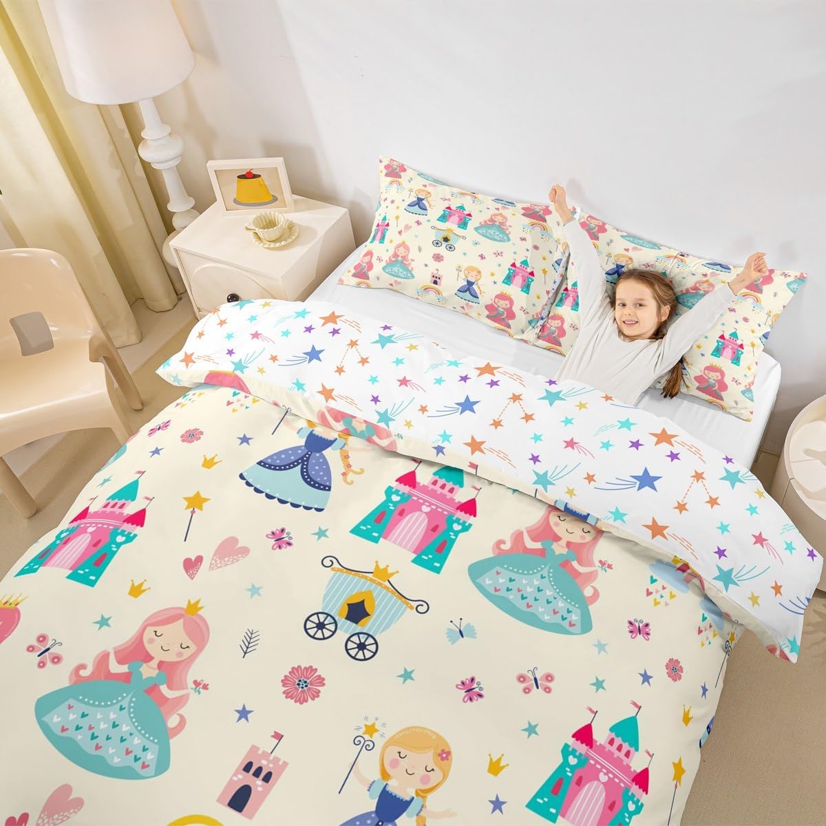Erosebridal Dreamy Princess Duvet Cover Toddler Size For Kids Girls Teen Women,Princess Fairy Tales Castle Bedding Set Cartoon Rainbow Castle Comforter Cover Fairy Tales Theme Magical Carriage Bed Set
